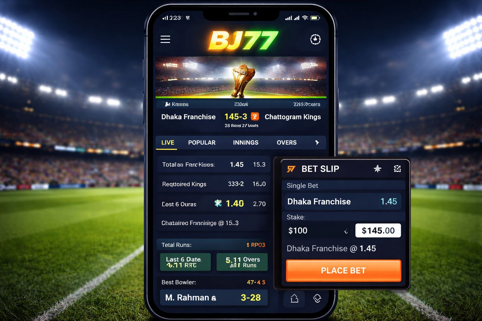 BJ77 sportsbook mobile view with live cricket odds and bet slip