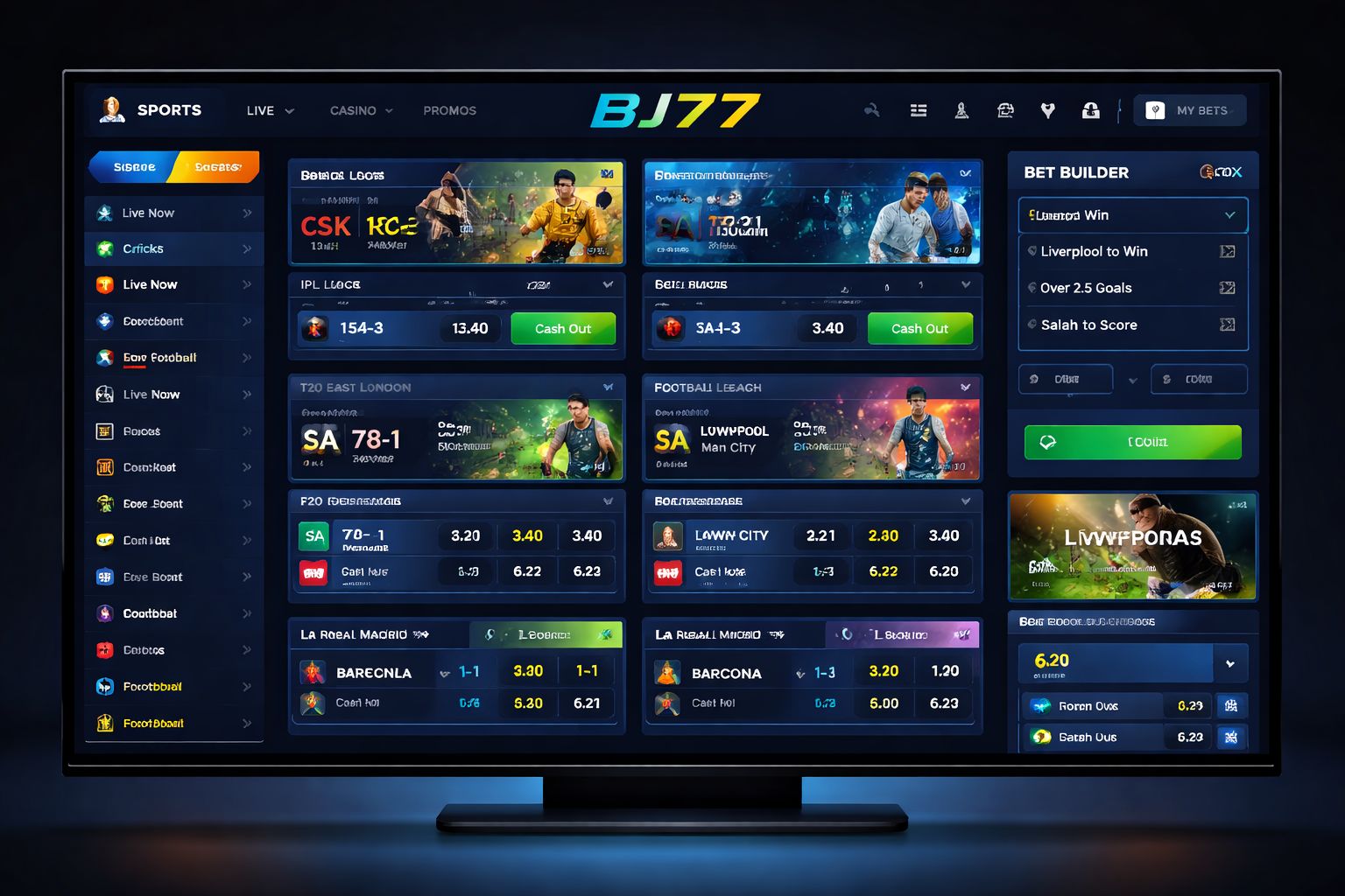 BJ77 in-play betting dashboard displaying cricket and football live odds